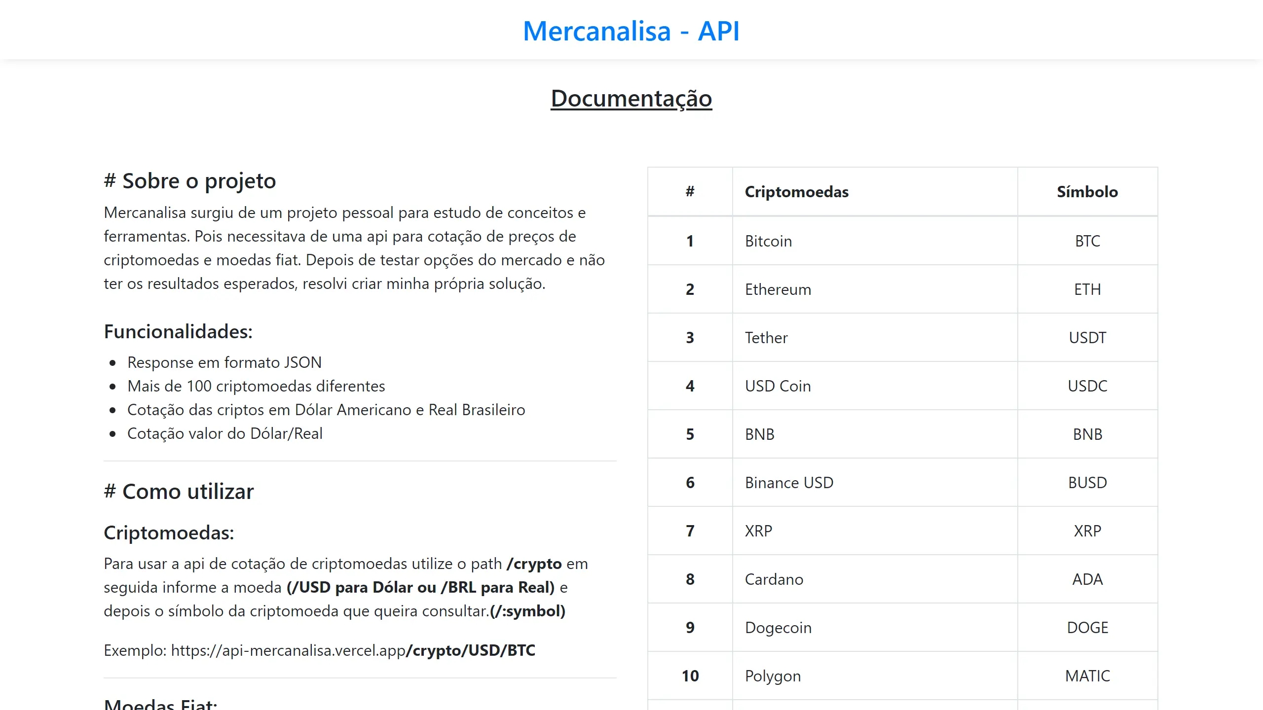 API Mercanalisa - Cotação de criptomoedas